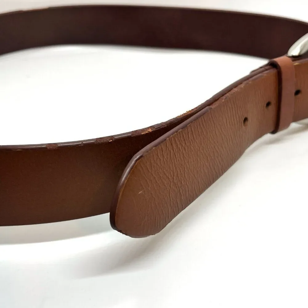 TALBOTS LEATHER BELT Brown Genuine Leather Silver Oval Buckle Large USA